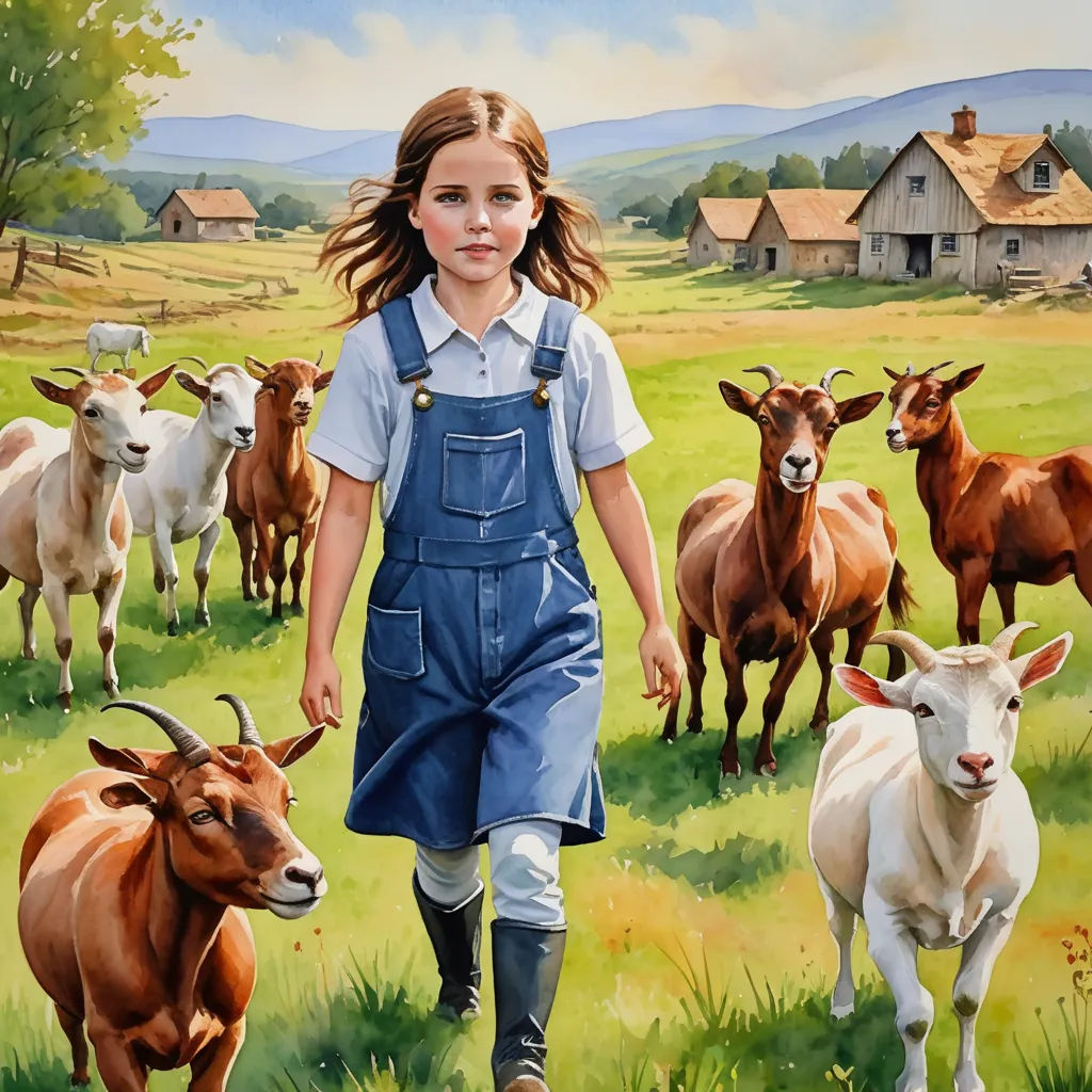 a painting of a girl walking in front of a herd of cows in a field with a barn in the background, figurative art, a detailed painting, Bob Byerley, in gouache detailed paintings