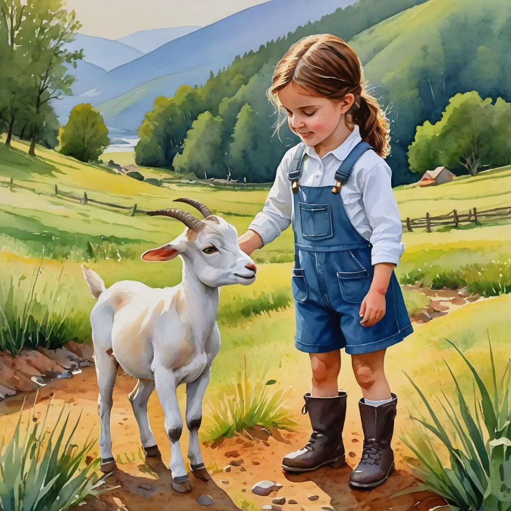 a painting of a girl petting a goat in a field with mountains in the background and a fence, figurative art, a storybook illustration, Bob Byerley, storybook illustration