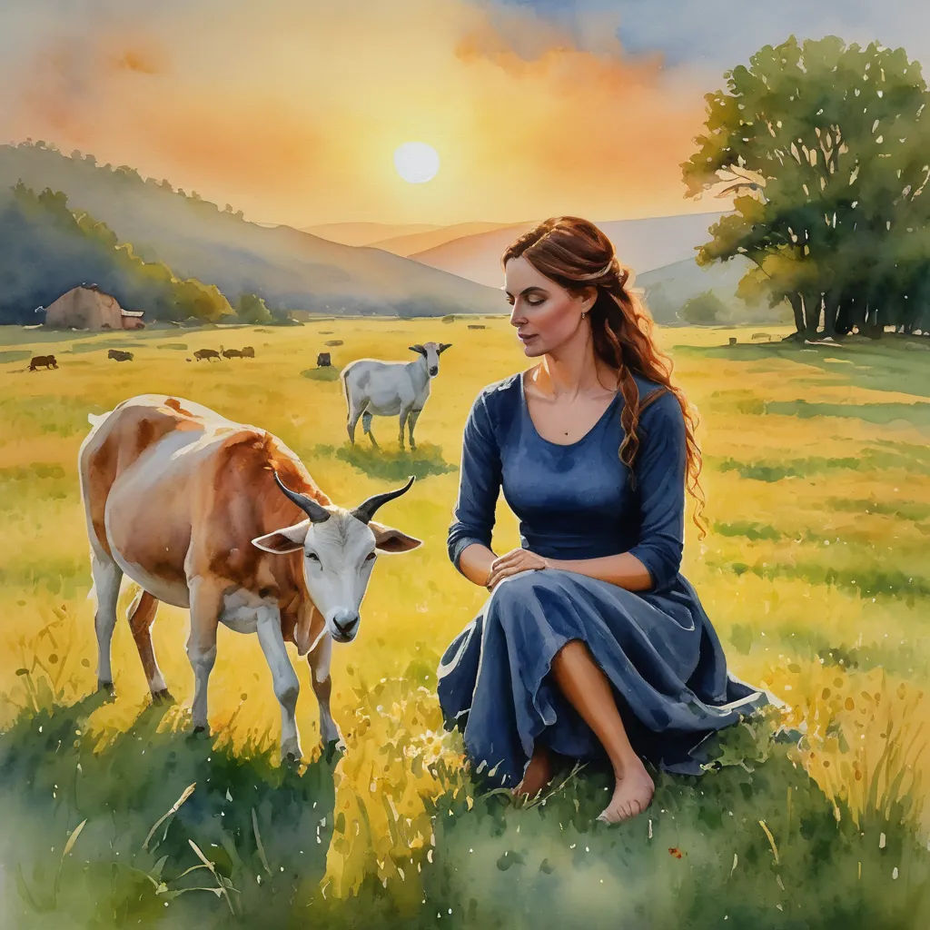 a painting of a woman sitting in a field with cows in the background and a sunset in the background, figurative art, a fine art painting, Cynthia Sheppard, detailed painting