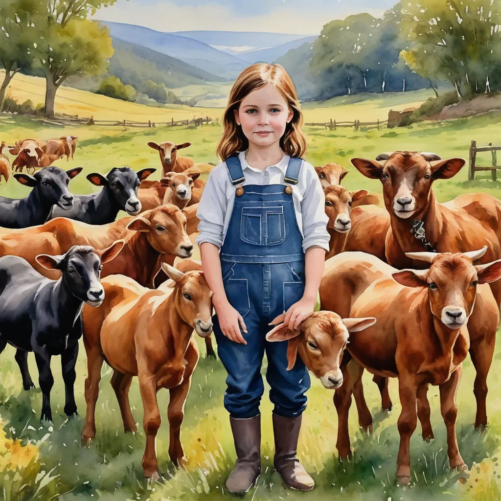 a painting of a girl standing in front of a herd of cows in a field with mountains in the background, figurative art, an oil on canvas painting, Bob Byerley, in gouache detailed paintings
