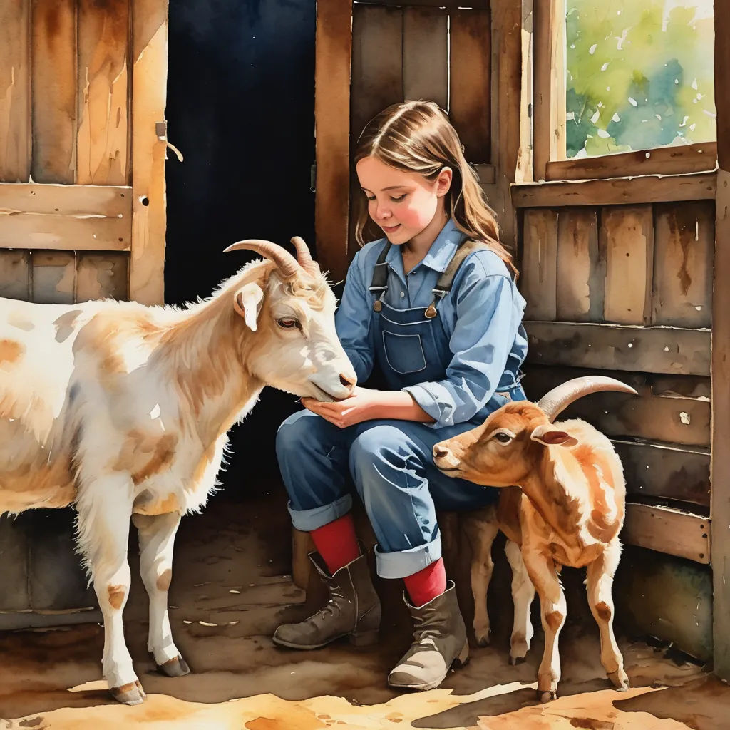 a painting of a girl petting a goat in a barn with a baby goat nearby on the floor, american scene painting, a fine art painting, Claire Hummel, in gouache detailed paintings