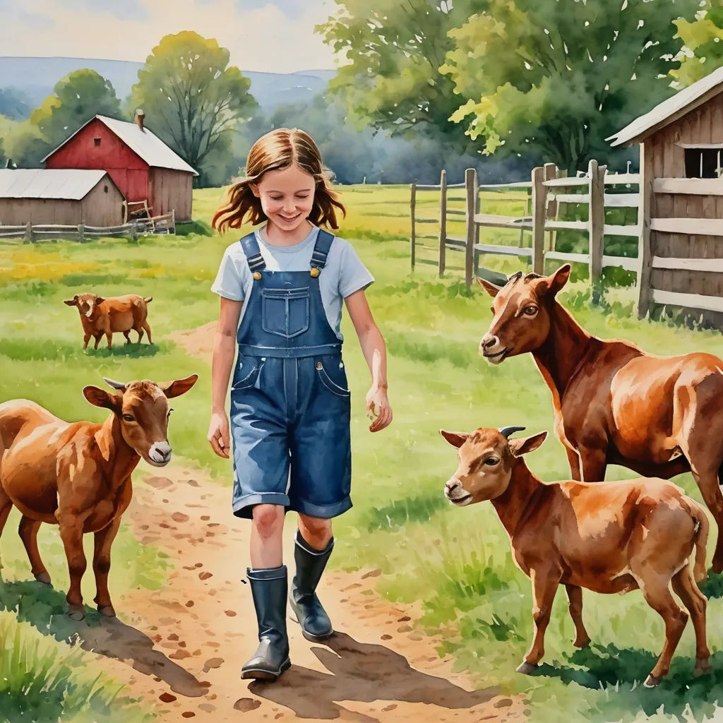 a painting of a girl walking down a dirt road with cows in the background and a barn in the background, american scene painting, a storybook illustration, Claire Hummel, in gouache detailed paintings