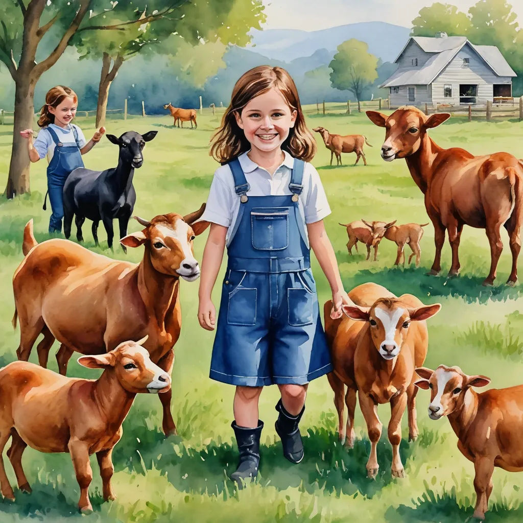 a painting of a girl standing in a field with cows and a barn in the background with a painting of a girl and her cows, american scene painting, a storybook illustration, Bob Byerley, in gouache detailed paintings
