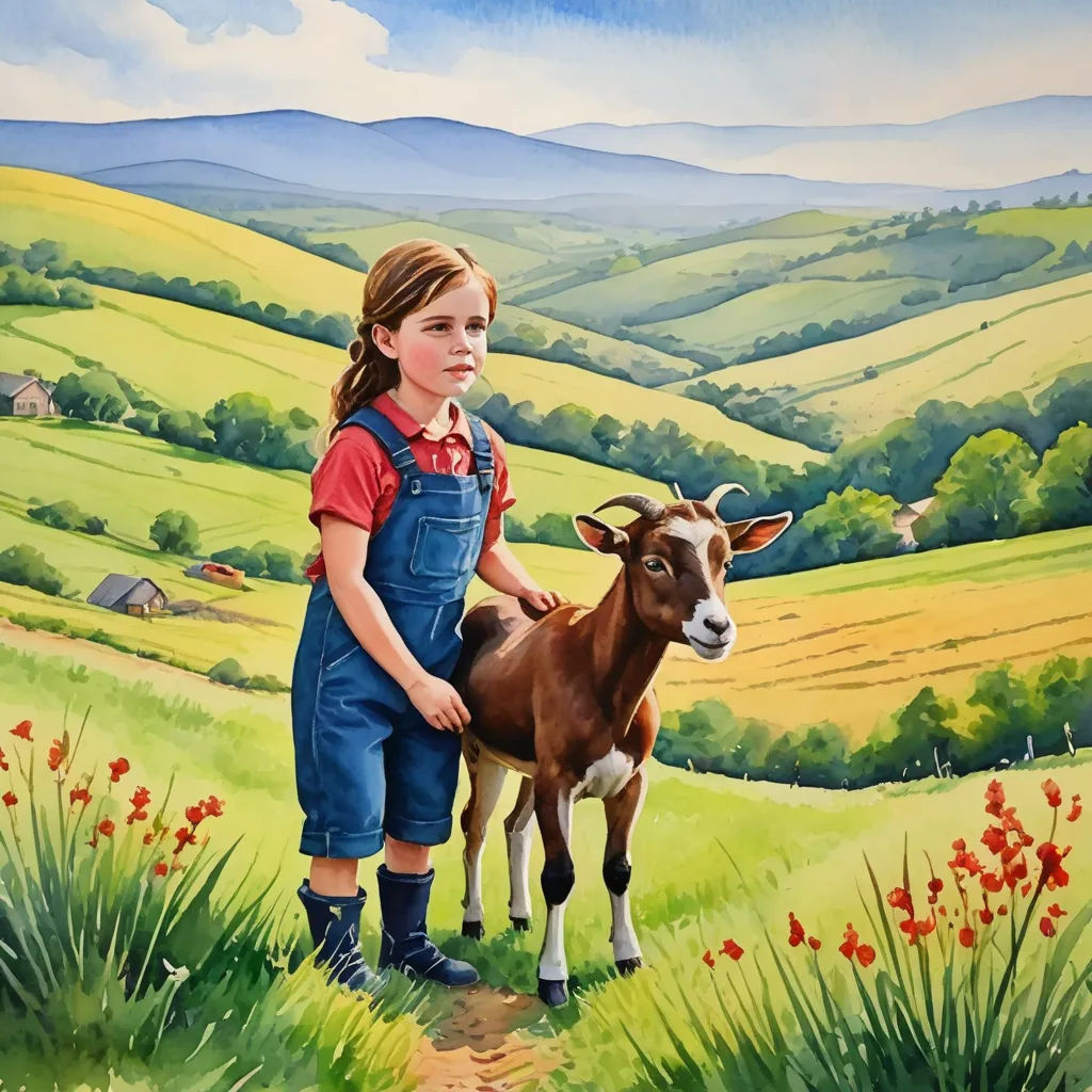 a painting of a girl with a goat in a field of flowers and hills in the background, with a painting of a young girl holding a goat, figurative art, a storybook illustration, Bob Byerley, storybook illustration