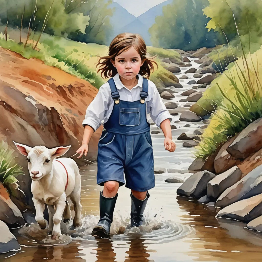 a painting of a little girl walking with a sheep in a stream of water near a rocky hillside and a stream, figurative art, an oil on canvas painting, Bob Byerley, highly detailed digital painting