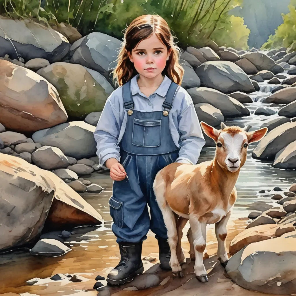 a painting of a girl and a goat by a stream of water and rocks, with a stream running through the rocks, figurative art, a fine art painting, Douglas Robertson Bisset, in gouache detailed paintings