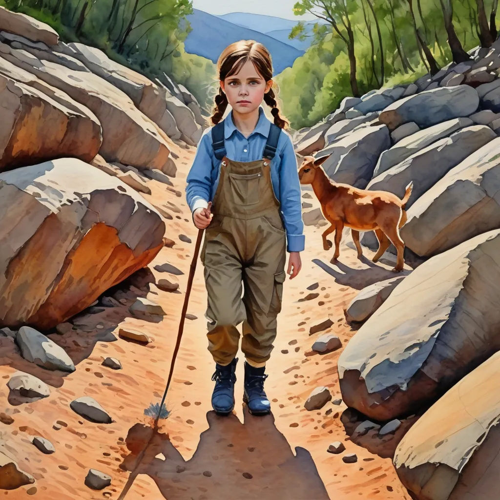 a painting of a girl walking down a dirt path with two dogs behind her and a rock covered hillside behind her, figurative art, an oil on canvas painting, Elizabeth Durack, highly detailed oil painting