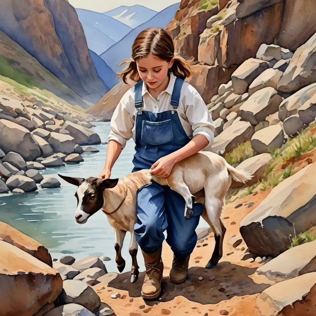 a painting of a girl holding a goat on a rocky hillside by a river with mountains in the background, figurative art, an oil painting, Bob Byerley, in gouache detailed paintings