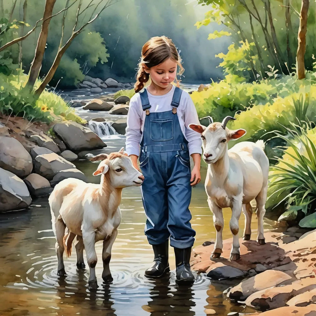 a painting of a girl and two sheep in a stream of water with rocks and trees in the background, figurative art, a fine art painting, Bob Byerley, detailed painting