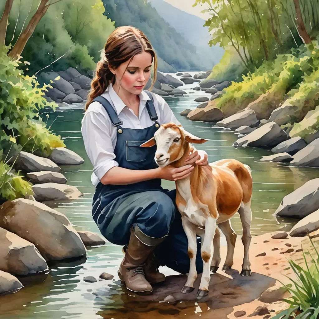 a painting of a woman kneeling down with a goat in her lap and a river running through it behind her, figurative art, a fine art painting, Bob Byerley, extremely detailed oil painting