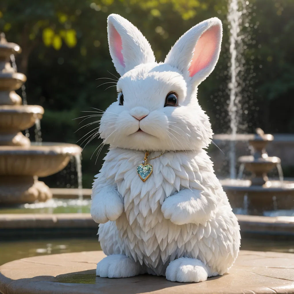a white rabbit statue sitting on top of a fountain with a fountain in the background and trees in the background, new sculpture, an ambient occlusion render, Beatrix Potter, rossdraws global illumination