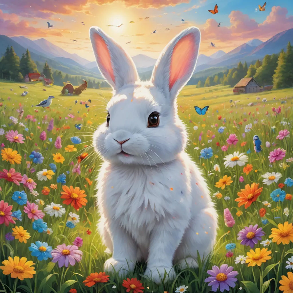 a painting of a white rabbit sitting in a field of flowers with a sunset in the background and a butterfly flying overhead, furry art, a painting, Chris LaBrooy, official art