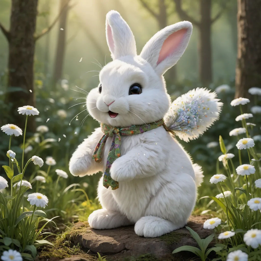 a white stuffed rabbit sitting in a forest with daisies and daisies around it's neck and eyes, furry art, a 3D render, Beatrix Potter, rossdraws global illumination