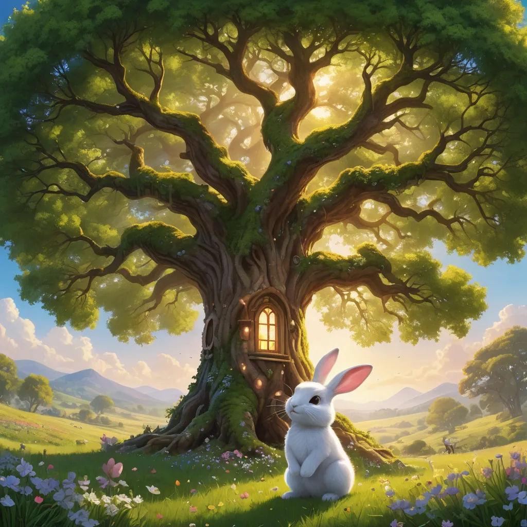 a painting of a bunny sitting in front of a tree with a house in it's trunk and a window, magical realism, a storybook illustration, Chris LaBrooy, rossdraws global illumination