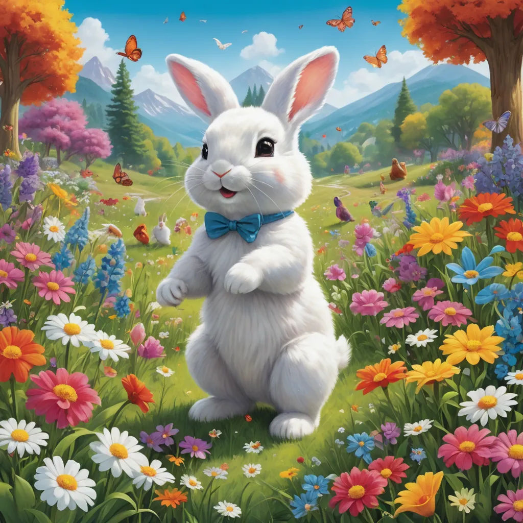 a painting of a white rabbit in a field of flowers and butterflies with a blue bow tie on his neck, furry art, a detailed painting, Chris LaBrooy, official art
