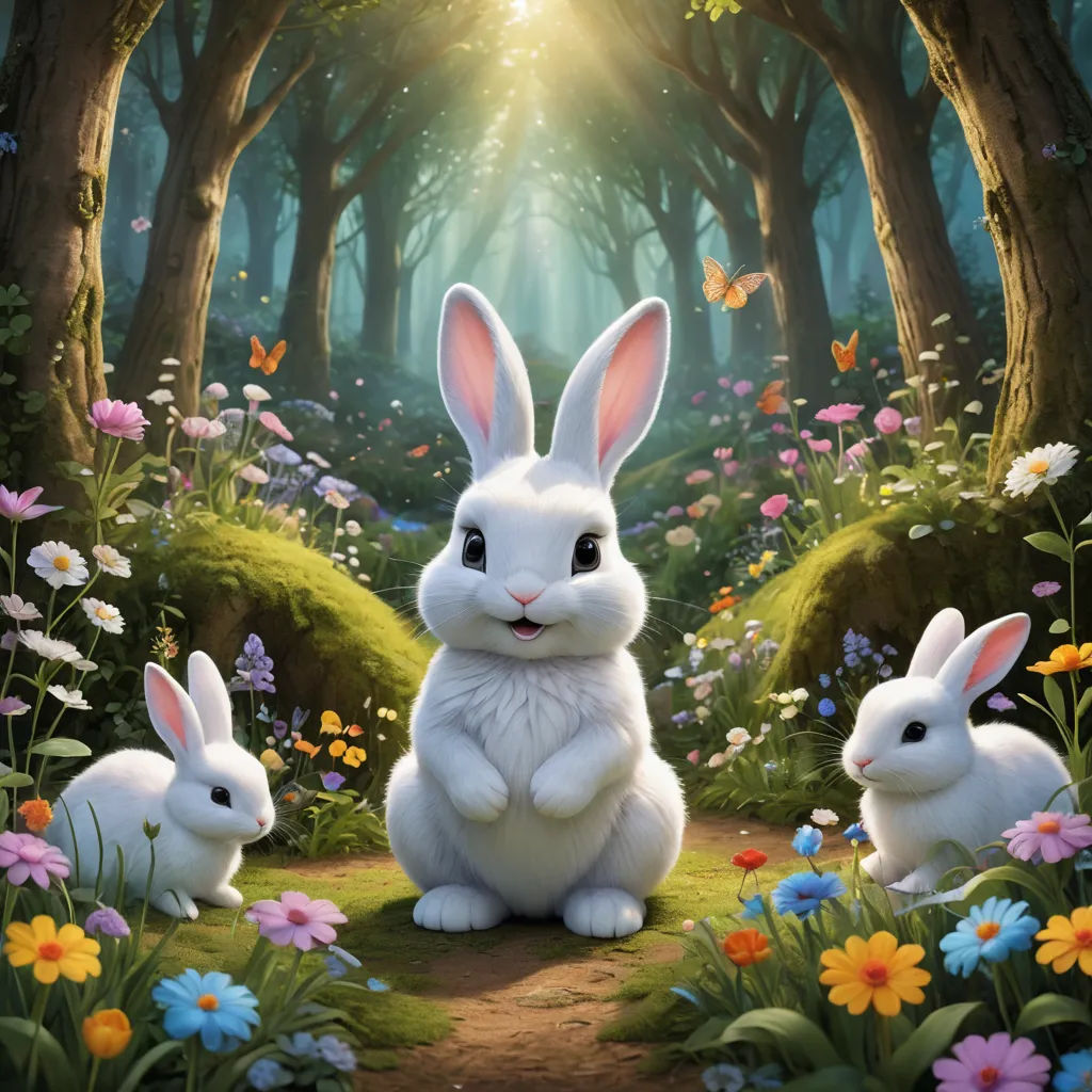 a painting of a rabbit and two rabbits in a forest with flowers and butterflies around it, with the sun shining through the trees, furry art, poster art, Beatrix Potter, official art