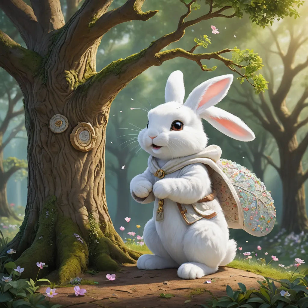 a white rabbit with a backpack standing in front of a tree in a forest with flowers and butterflies on it, fantasy art, a storybook illustration, Chris LaBrooy, rossdraws global illumination