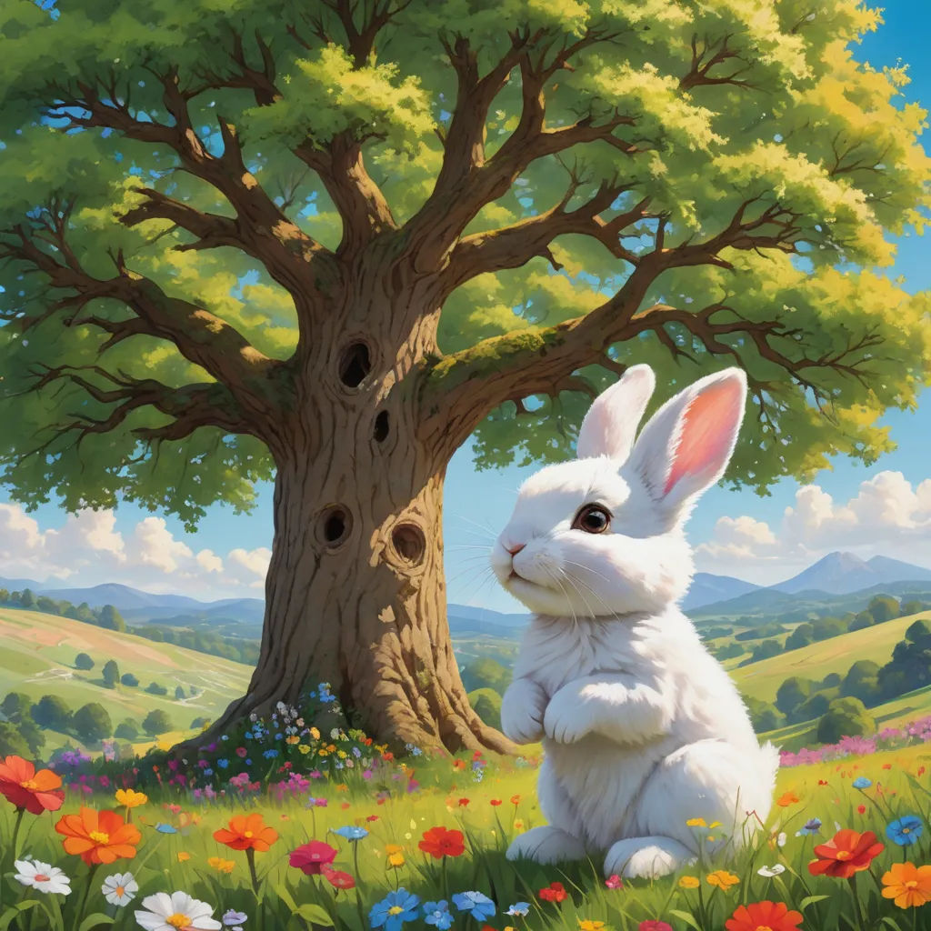a painting of a white rabbit sitting in a field next to a tree with a bird nest in it, pop surrealism, a storybook illustration, Chris LaBrooy, official art