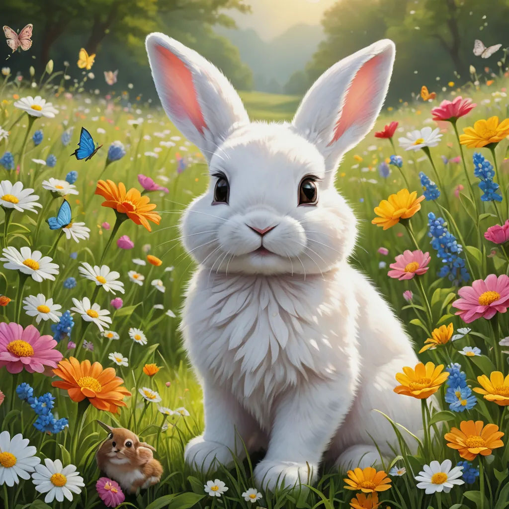 a painting of a white rabbit sitting in a field of flowers and daisies with a cat nearby in the foreground, furry art, a digital painting, Chris LaBrooy, highly detailed digital painting