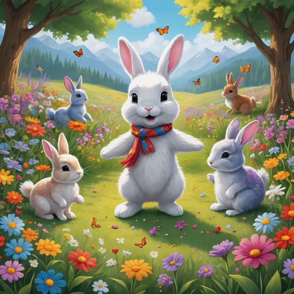 a painting of a bunny with four rabbits in a field of flowers and butterflies, with a butterfly in the background, furry art, a storybook illustration, Beatrix Potter, official art