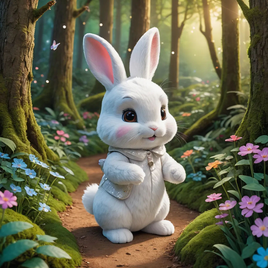 a white rabbit standing in a forest with flowers and butterflies around it's feet and arms, with a light shining on the ground, furry art, a 3D render, Beatrix Potter, rossdraws global illumination