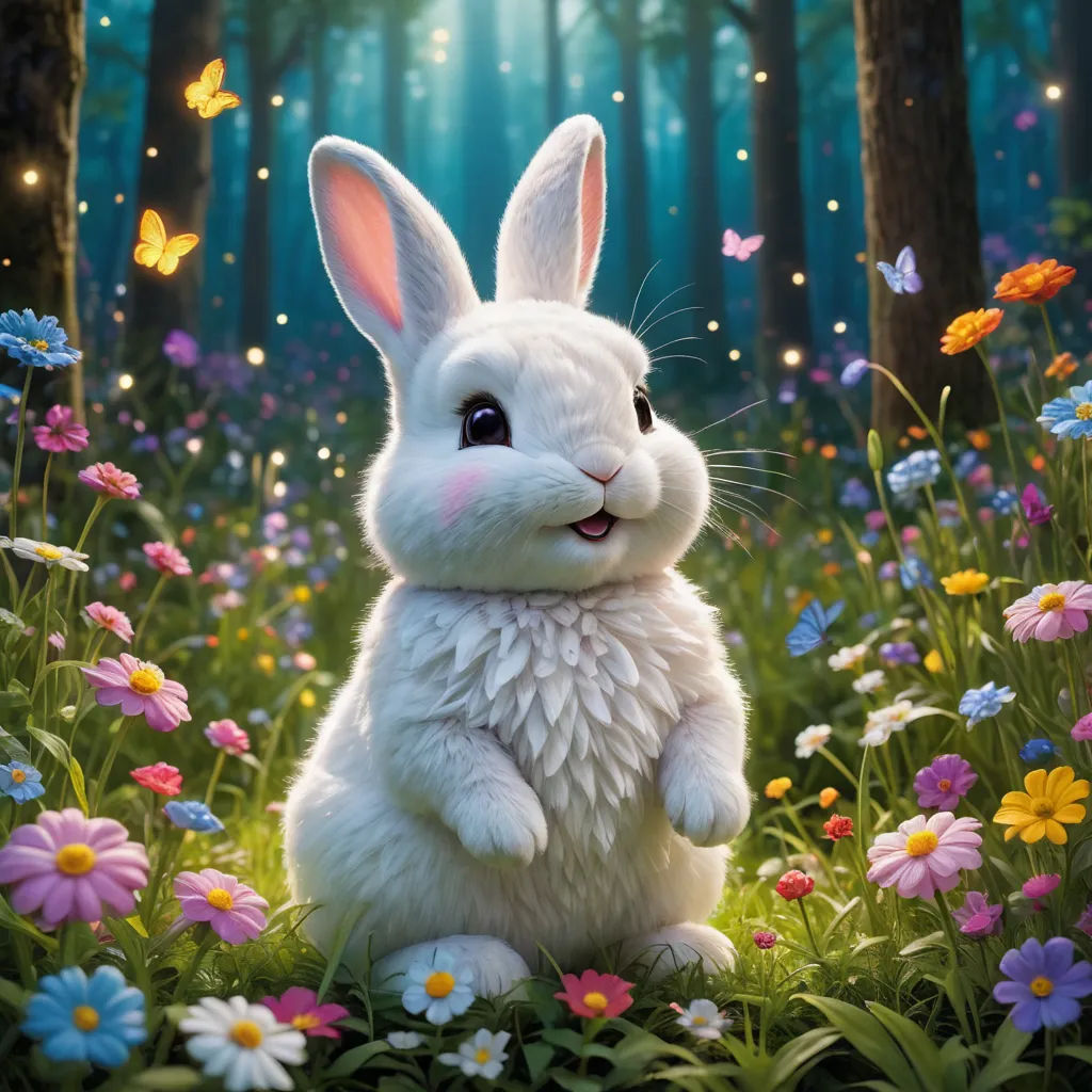 a white rabbit sitting in a field of flowers and butterflies with a forest background and a butterfly light up behind it, furry art, poster art, Beatrix Potter, official art
