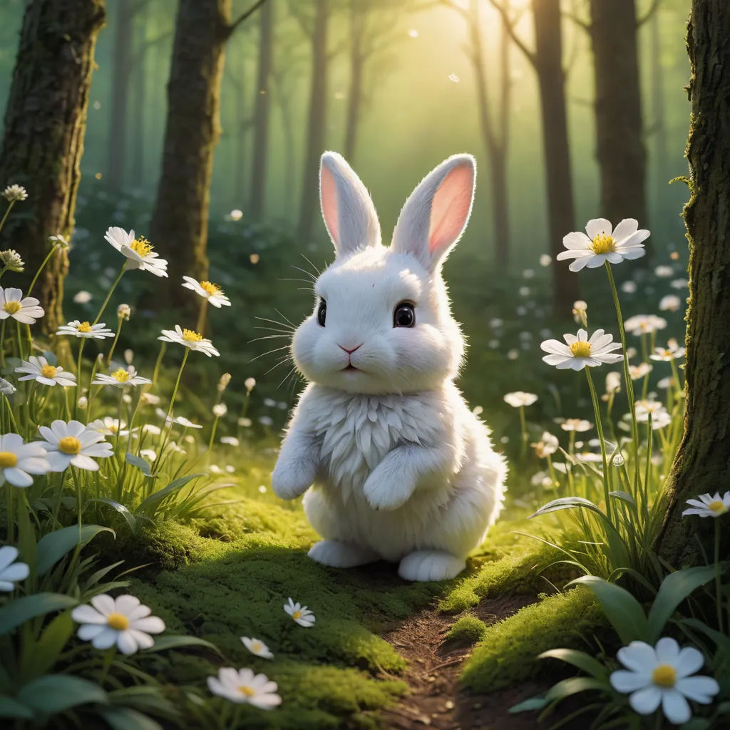 a white rabbit sitting in the middle of a forest with daisies on the ground and trees in the background, furry art, a storybook illustration, Beatrix Potter, rossdraws global illumination