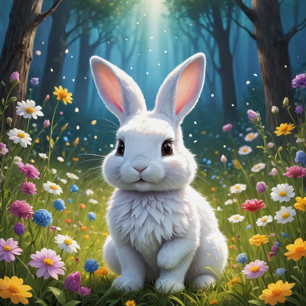 a white rabbit sitting in a field of flowers with a forest in the background and a bright light shining on the ground, fantasy art, an airbrush painting, Chris LaBrooy, rossdraws global illumination