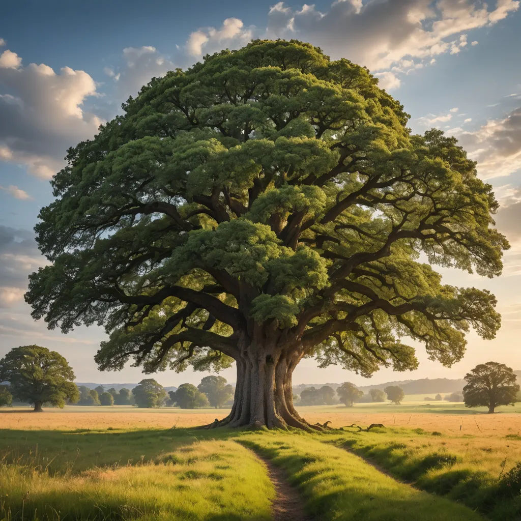 a large tree in a field with a dirt path leading to it and a sky background with clouds above, naturalism, a photo, David Martin, award-winning photograph