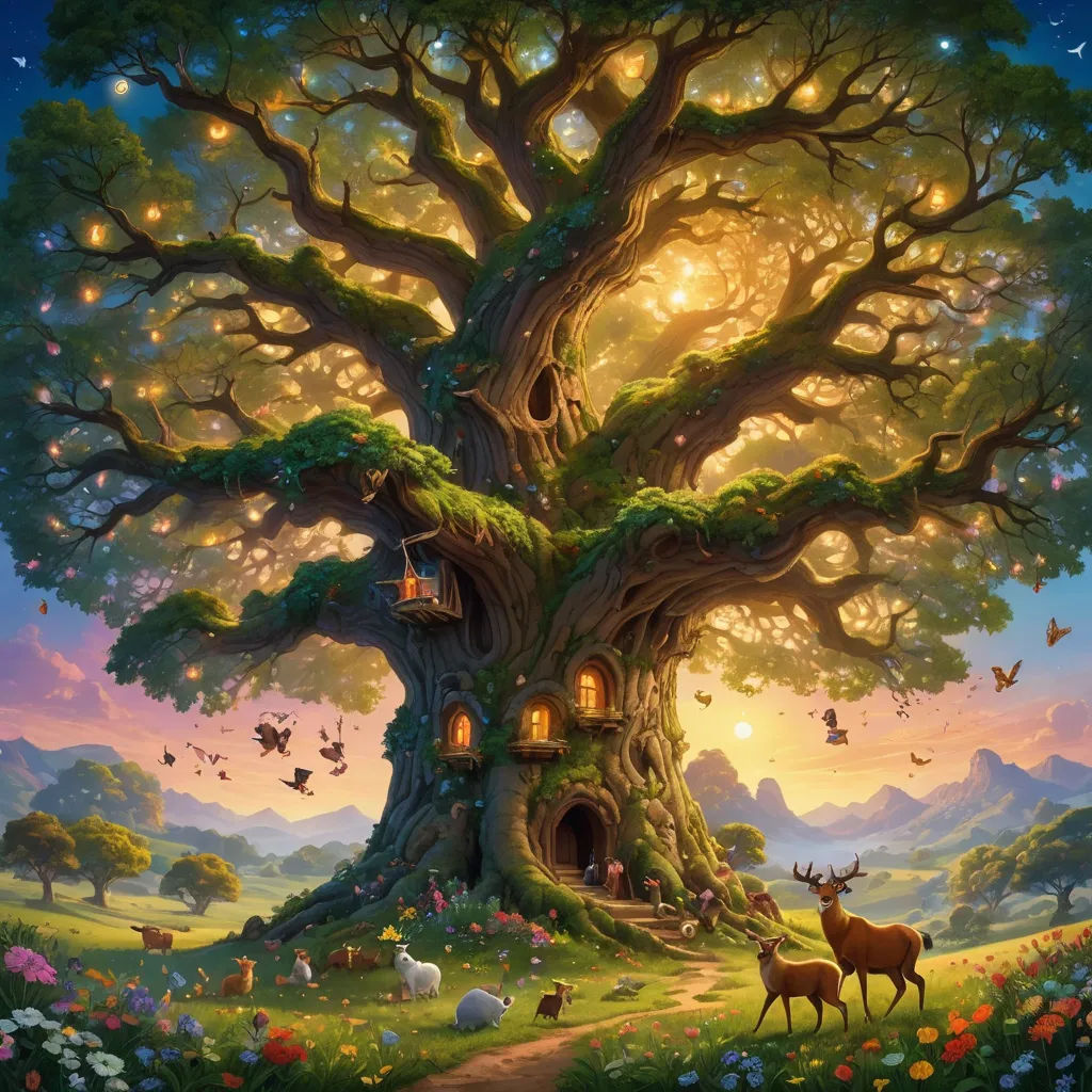 a painting of a tree with a house in it and animals around it, and a sunset in the background, fantasy art, a storybook illustration, Chris LaBrooy, fantasy artwork