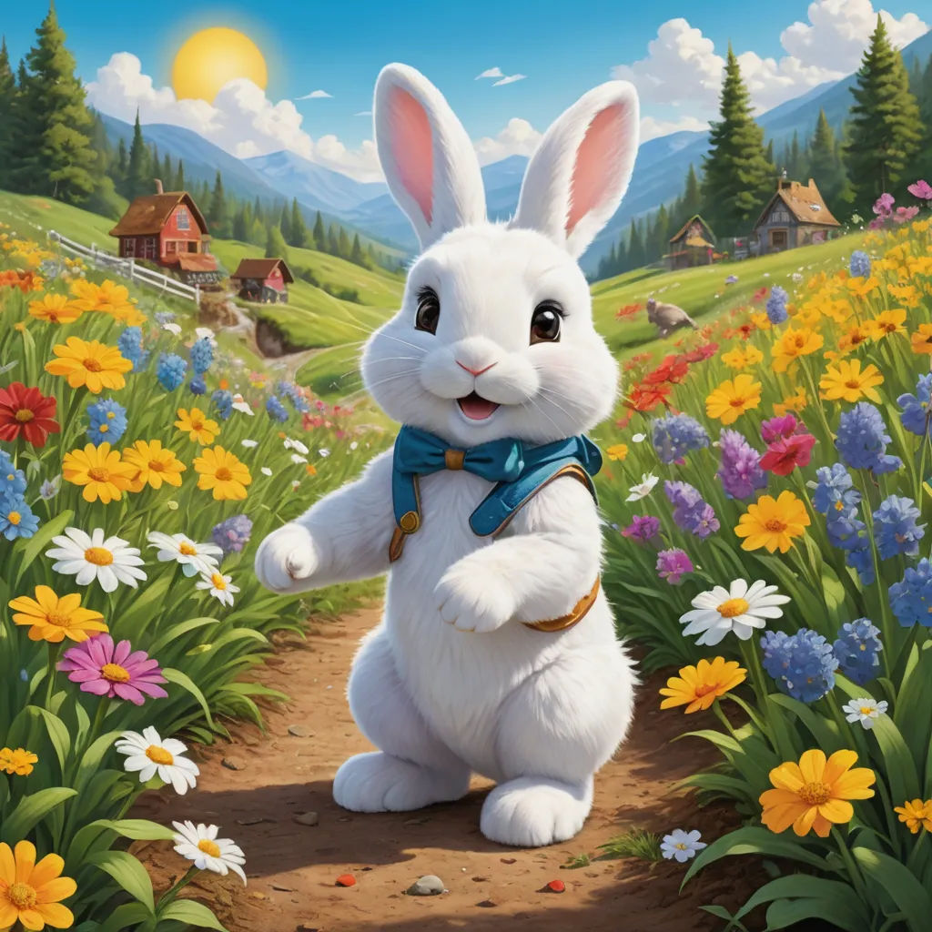 a painting of a white rabbit in a field of flowers with a house in the background and a blue sky, furry art, a storybook illustration, Chris LaBrooy, official art