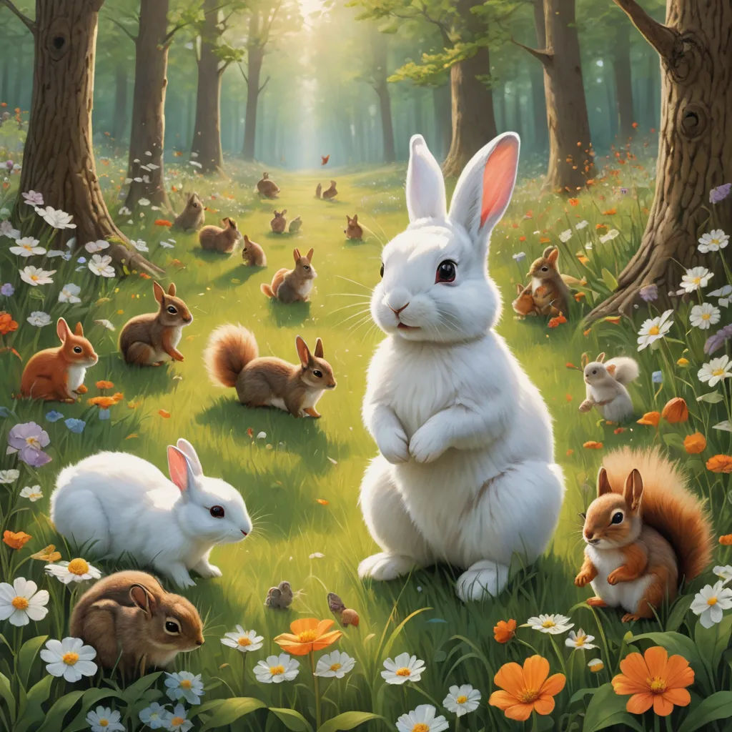 a painting of a bunny and her rabbits in a forest with flowers and daisies on the ground and trees, furry art, a storybook illustration, Chris LaBrooy, official art