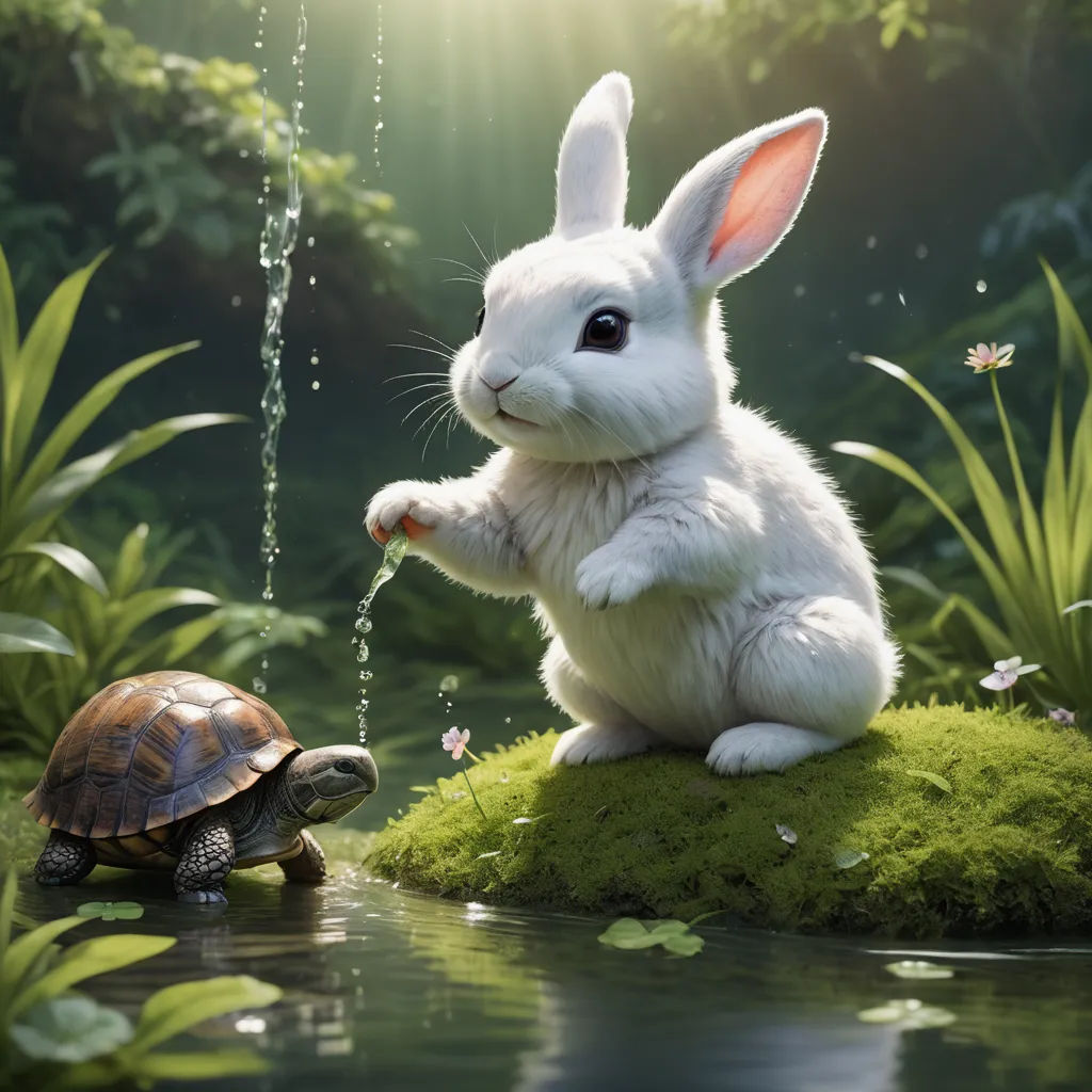 a rabbit is sitting on a rock next to a turtle in the water and a stream of water is running through it, photorealism, poster art, Chris LaBrooy, official art