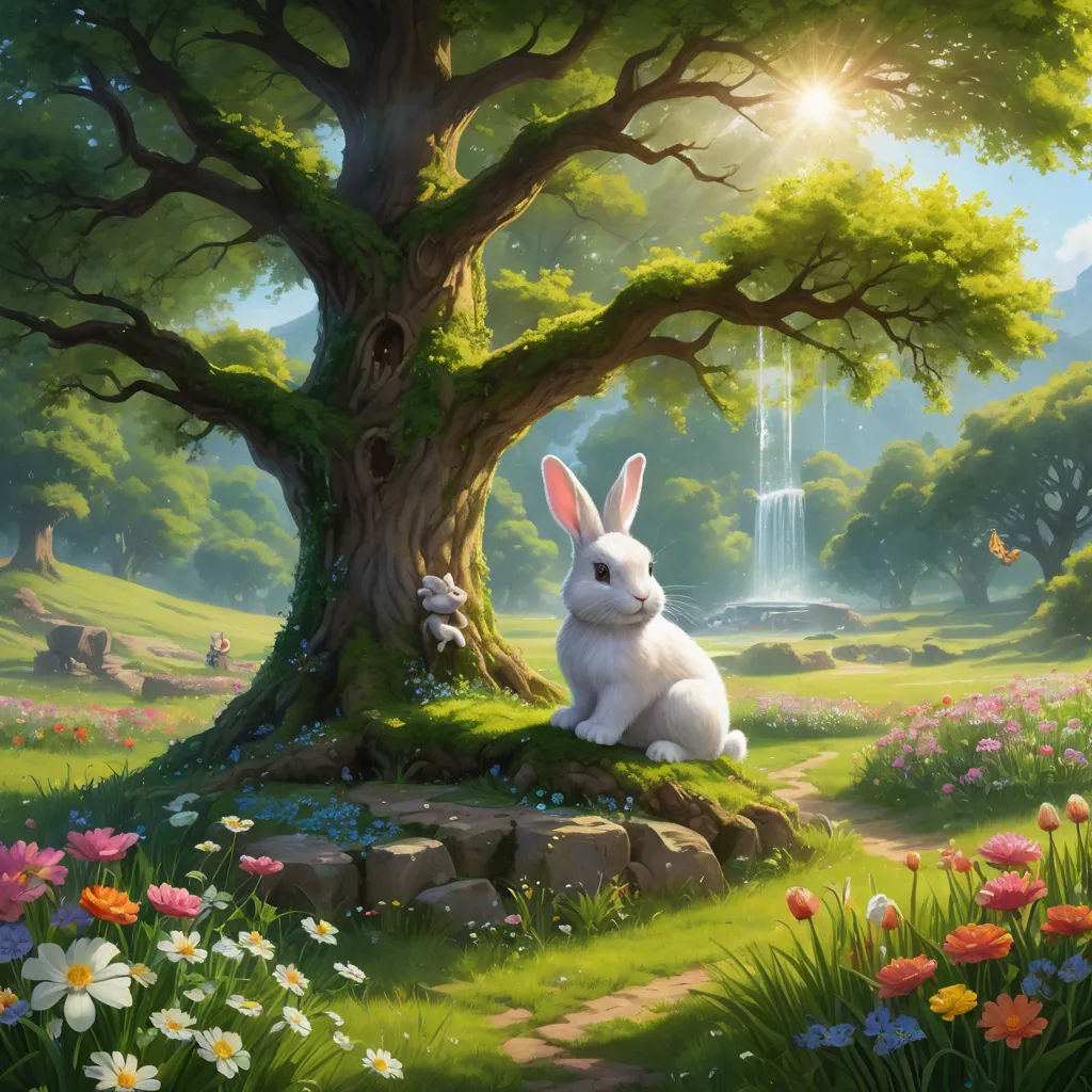 a painting of a rabbit sitting under a tree in a field of flowers and grass with a waterfall in the background, fantasy art, a detailed matte painting, Anne Stokes, rossdraws global illumination