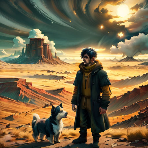 a man standing next to a dog on a desert field with a sky background and a mountain in the distance