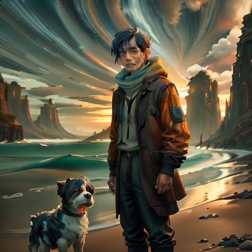 a man standing next to a dog on a beach near a cliff face covered in clouds and a sky filled with clouds