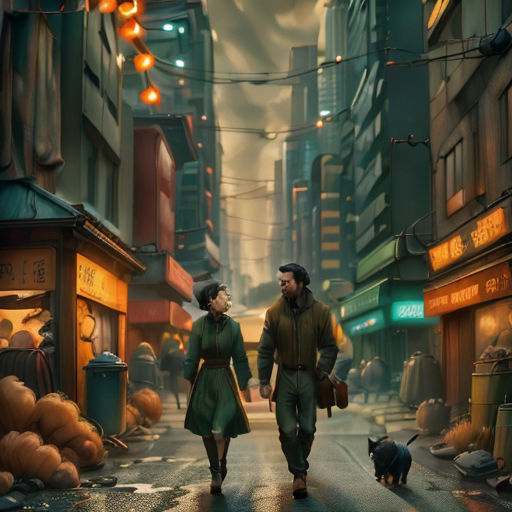 a man and a woman walking down a street next to a cat and a dog on a leash in front of a store