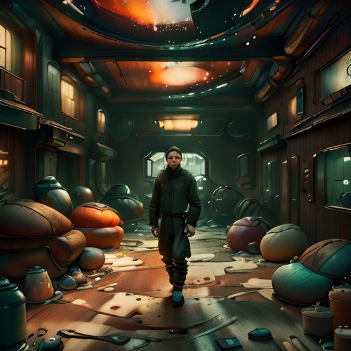 a man is walking through a room with lots of objects on the floor and a ceiling with a clock