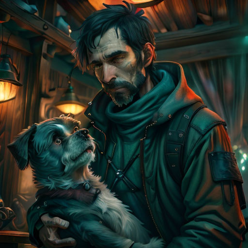 a man holding a dog in his arms in a room with lights on the ceiling and a clock above him