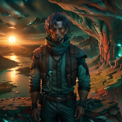 a man standing in front of a cave with a glowing light in the background and a mountain in the background