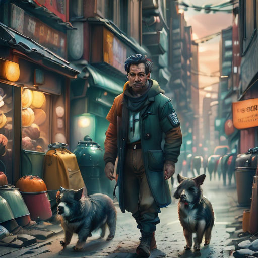 a man walking down a street next to a dog and a cat on a leash in front of a store
