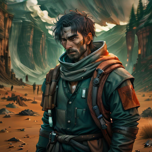 a man in a green jacket and a brown scarf standing in a desert area with mountains in the background