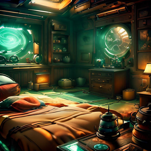 a bedroom with a bed and a desk with a lamp on it and a clock on the wall above it