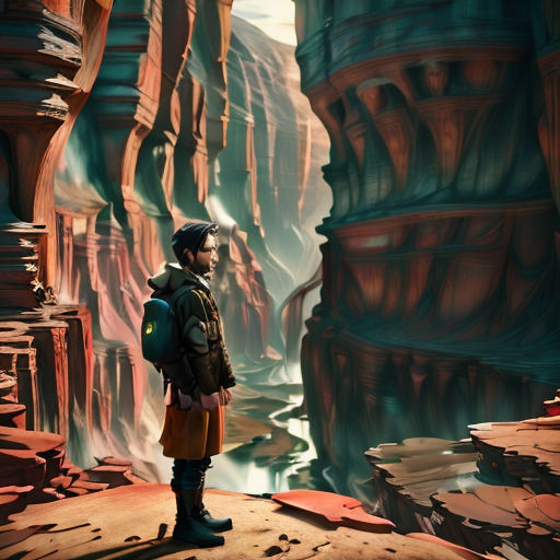 a man standing in a canyon looking at a river in the distance with a backpack on his back and a helmet on his head