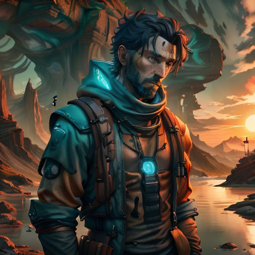 a man in a futuristic suit standing in front of a mountain and a lake at sunset with a glowing eye