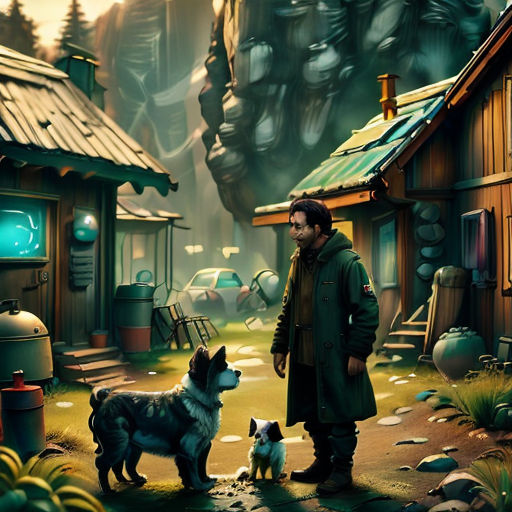 a man standing next to a dog in a village with a giant alien creature in the background and a man in a coat