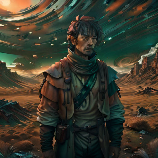 a man in a space suit standing in a desert area with a mountain in the background and a sky filled with clouds