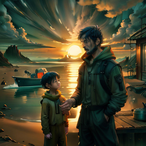 a man and a boy standing on a beach next to a boat at sunset with a boat in the water