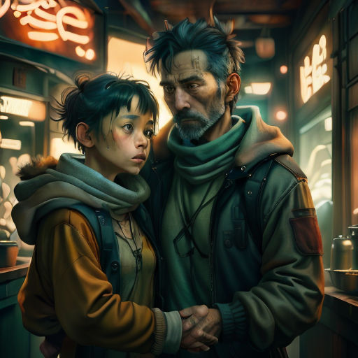 a man and a woman standing in a room together, with a neon sign above them that says,