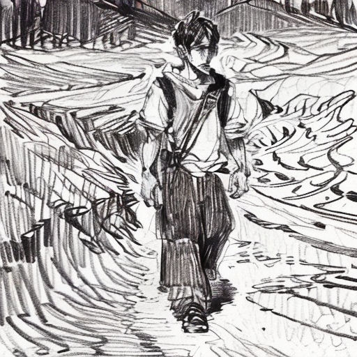 a drawing of a person walking down a street with a backpack on his back and a backpack on his shoulder